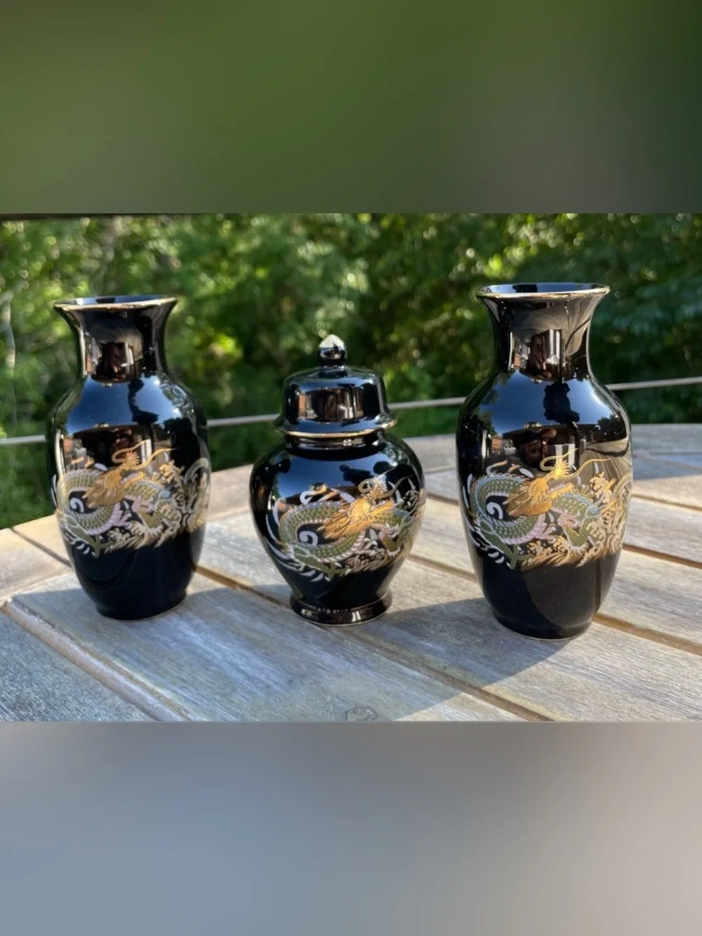 Vintage 3-Pc Black Gold Dragon Ceramic Vases & Ginger Jar⁠